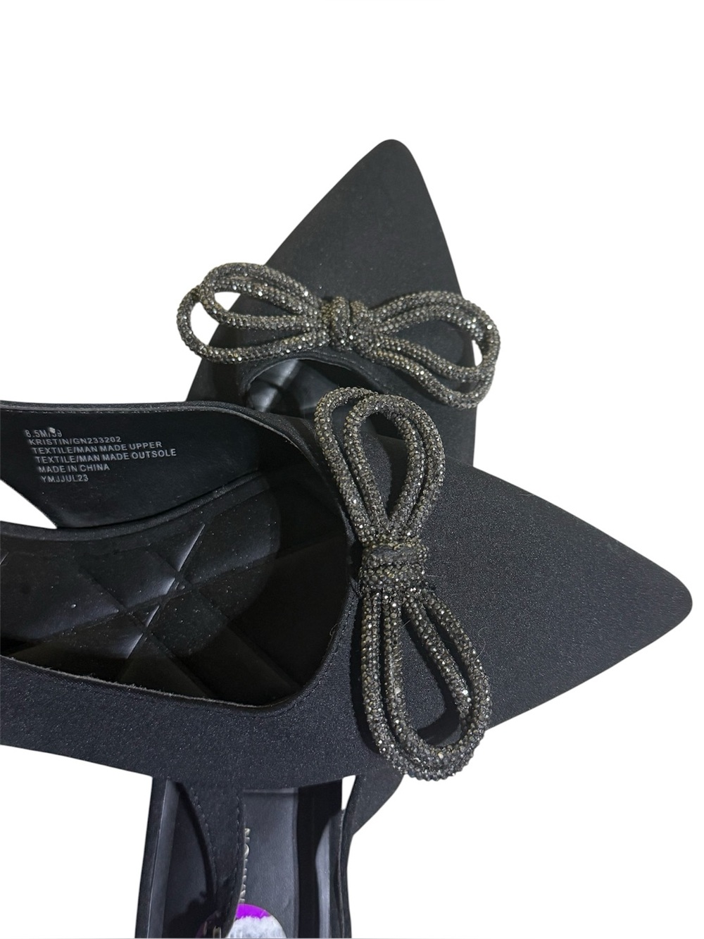 BCBG Kristin Black Pointed Toe Flats shoes with Beaded Bow Accent|women size 8.5